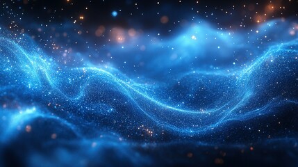 Abstract Blue Glittering Particle Wave Landscape
