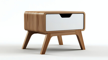 A wooden nightstand with a white drawer sits on a white background