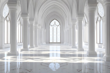 Fototapeta premium Majestic White Gothic Hall with Arched Windows and Sunlit Reflections
