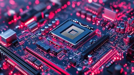 Close-up of a computer motherboard with a CPU in the center, illuminated with red lights.