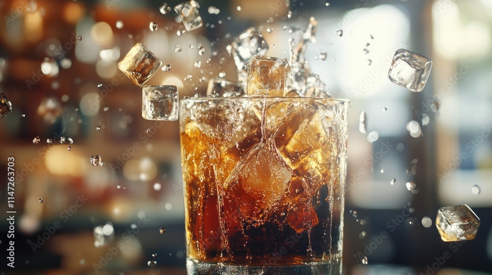 Poster A dynamic photo of ice cubes falling into a glass of clear drink, creating dramatic splashes, perfect for adding text or a headline in an energetic setting