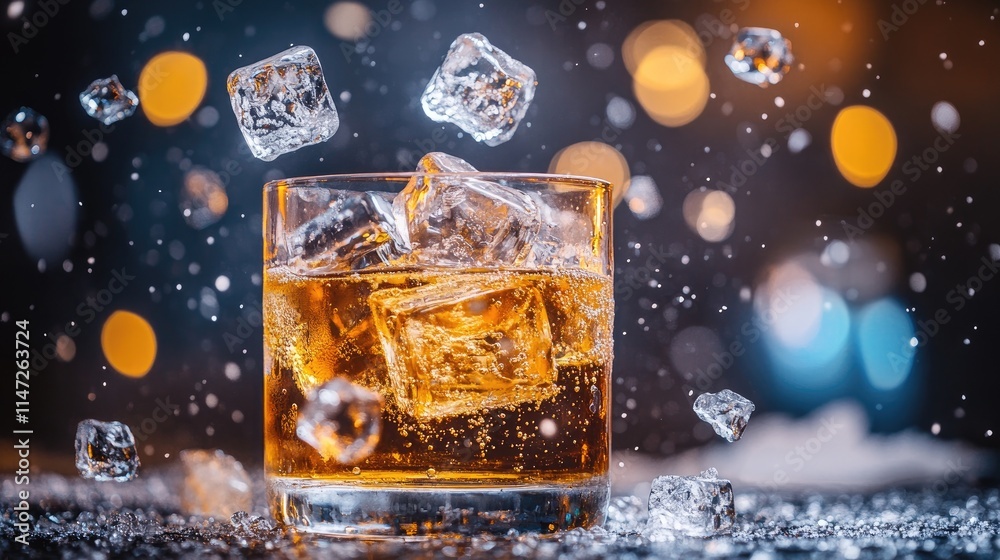 Poster A dynamic photo of ice cubes falling into a glass of clear drink, creating dramatic splashes, perfect for adding text or a headline in an energetic setting