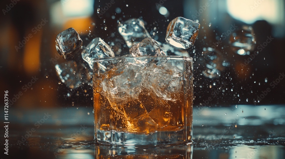 Aufkleber A dynamic shot of ice cubes splashing into a clear beverage on a table, creating exciting motion and space for adding text or copy, with a refreshing and lively vibe