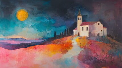 vivid rural night scene with a glowing moon over an italian hilltop church and colorful fields in a dreamy watercolor painting