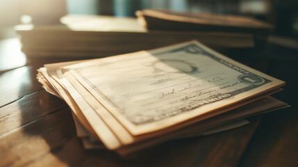 Stock Certificate Partially Visible Beneath a Stack of Cash and Rising Trend Line, Symbolizing Traditional Investment and Capital Growth