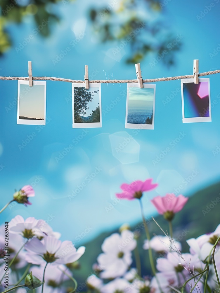 Aufkleber polaroid memories hanging on a string against a vibrant blue sky with flowers below. generative ai