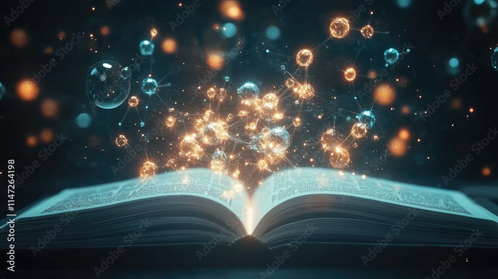 Aufkleber A glowing hologram of atoms and molecules emanating from an open book, creating a dynamic and intellectual atmosphere against a dark background
