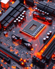 Close-up of a computer motherboard with CPU socket and illuminated components.