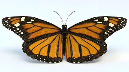 A detailed depiction of a monarch butterfly with vibrant orange and black wings.