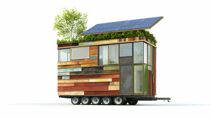 A modern tiny house on wheels with solar panels and greenery on the roof.