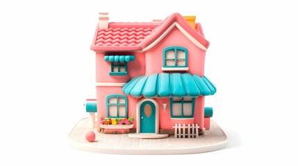A whimsical pink house model with colorful details and a charming front yard.