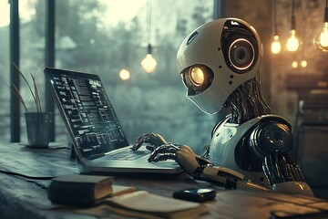 Robot working on laptop. Concept of artificial intelligence, future technology, and automation.