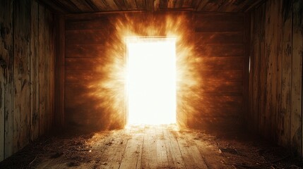 A glowing white void breaking through a rustic wooden wall, radiating bright light, creating a surreal and mysterious atmosphere