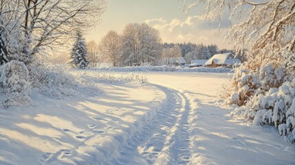 Obraz premium A lone path of traces in the snow leading across a serene winter scene, highlighting the stillness and untouched beauty of the snowy environment