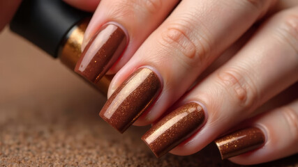 Close up of women s hands with manicure in mocha mousse with gold shimmer nail polish, long nails