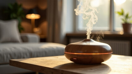 Aroma oil diffuser on table in room on the table, in the foreground, steam coming out of, copy space