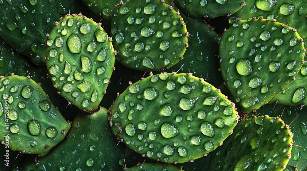 Poster a macro shot of sparkling water droplets resting on a vibrant green cactus after a desert rain, capt
