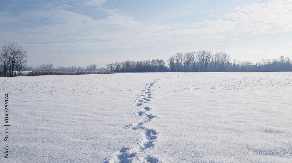 Poster a minimal winter scene with traces in the snow leading through a vast, peaceful landscape, evoking f
