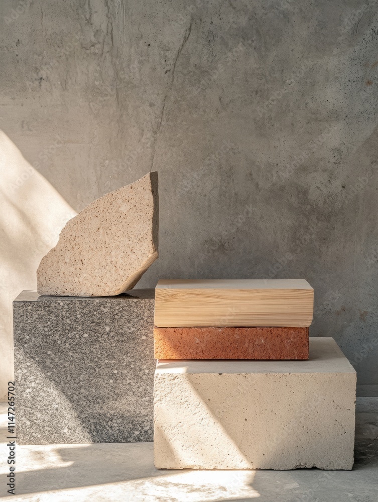 Poster construction materials arranged on a surface showcasing bricks, wood, and concrete blocks with natur