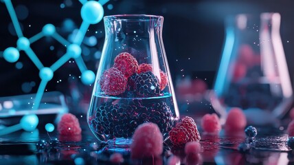 A vibrant lab setting featuring a flask filled with raspberries and blueberries, surrounded by sparkling water and molecular structures.
