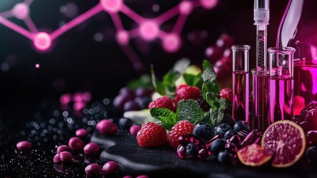 A vibrant composition featuring colorful berries and herbs alongside laboratory equipment, emphasizing a fusion of nature and science.