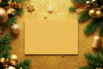 Golden Christmas background with festive decorations, pine branches, and ornaments surrounding blank card for holiday message. warm, elegant design evokes joyful seasonal spirit