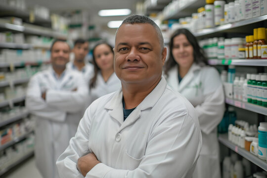 Group of Brazil pharmacists in lab coats, in the background a pharmacy with shelves of medicines.