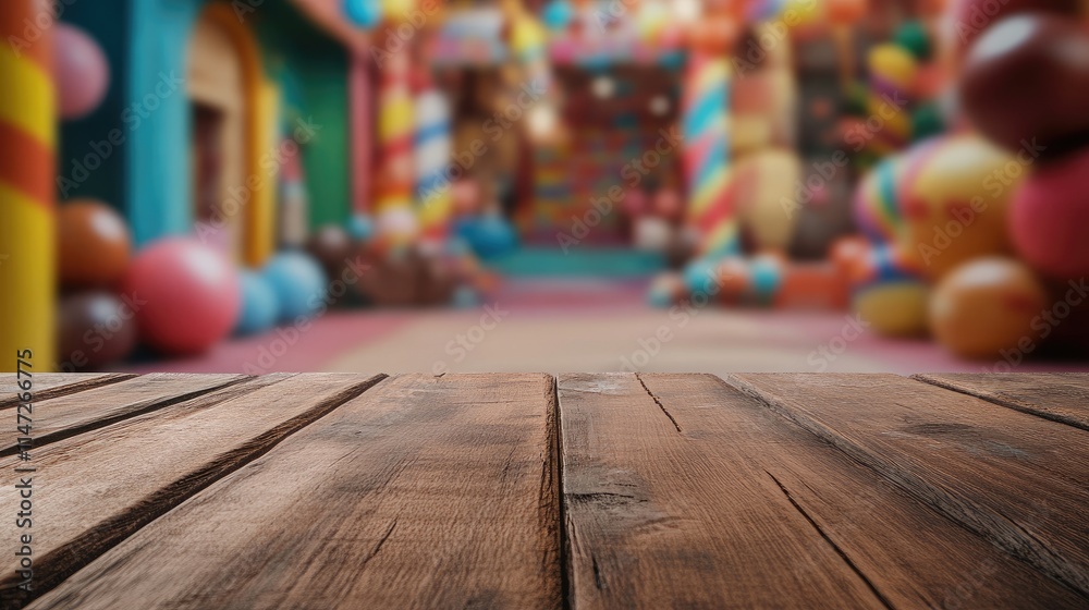 Poster a rustic wooden table in focus, with a colorful, whimsical candy land scene blurred in the backgroun