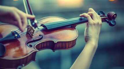 Close-up of hands playing a violin outdoors.