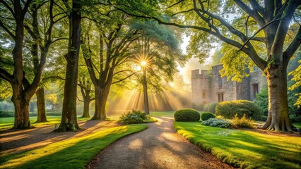 Obraz premium Morning light filtering through trees in castle garden, morning sun, sunlight, leafy foliage, flowers