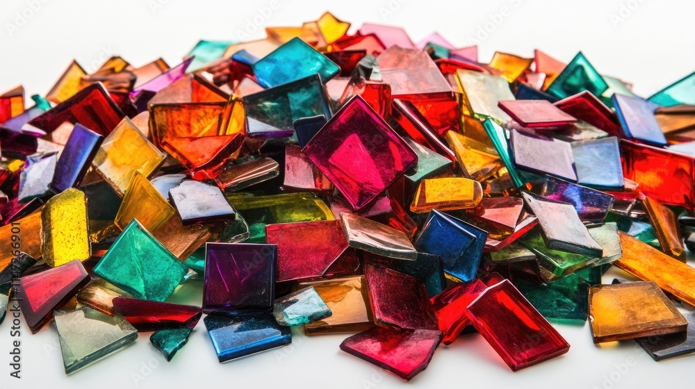 Poster a scattered heap of colorful stained glass pieces, their vivid hues glowing against a stark white ba