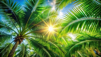 Fototapeta premium Leafy green palm tree with a sun shining through it , palm, leaf, green, sunshine, nature, foliage