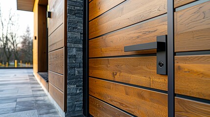 Modern Wooden Exterior Door with Black Handle and Metal Accents