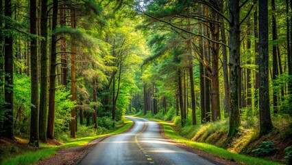Fototapeta premium Rural road winding through a dense forest with tall trees and underbrush