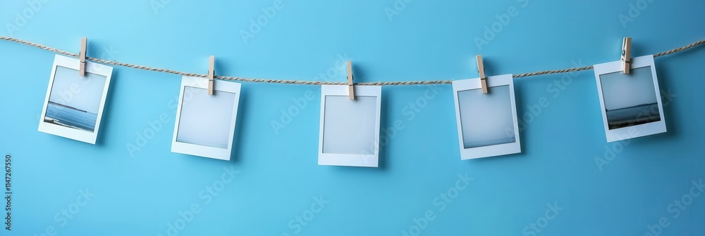 Aufkleber polaroid pictures hanging on a string with clothespins against a vibrant blue backdrop. generative a