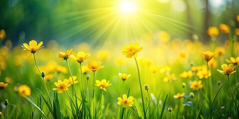 Sunny yellow flowers blooming in a lush green meadow, happy feelings, positivity, nature, flowers, sunshine, fields, growth