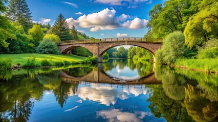 Fototapeta premium Bridge spanning serene river in lush landscape, scenic bridge