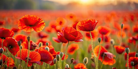Obraz premium field of red poppies, red flowers, red petals, poppy field, wildflowers, countryside