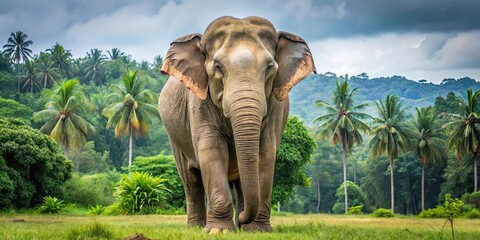 Fototapeta premium Sumatran Male Elephant, big brown eyes, rugged terrain, dense jungle