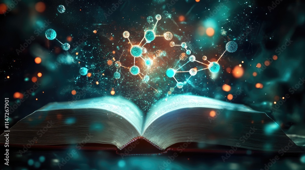 Poster a stunning holographic projection of atoms and molecules floating from an open book, with a dark, dr