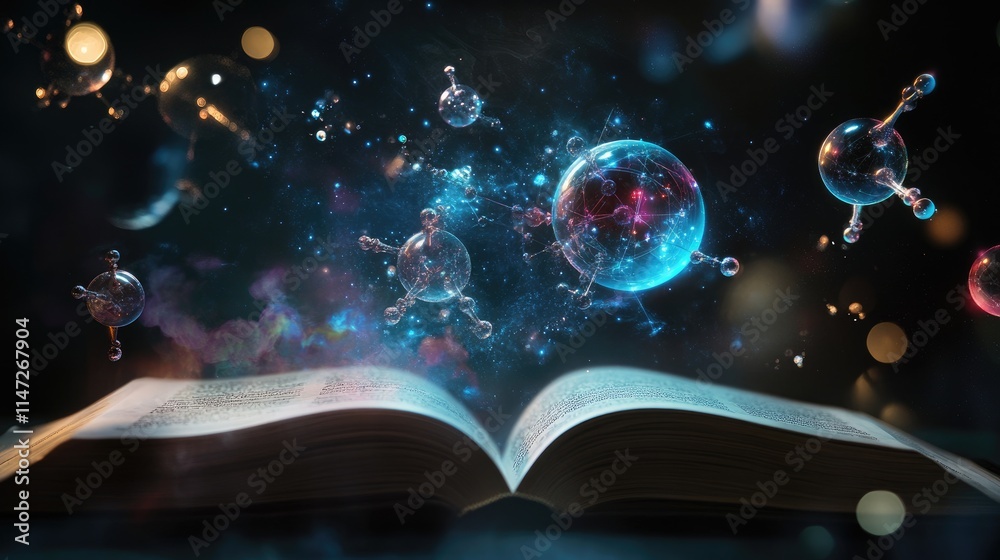 Poster a stunning holographic projection of atoms and molecules floating from an open book, with a dark, dr