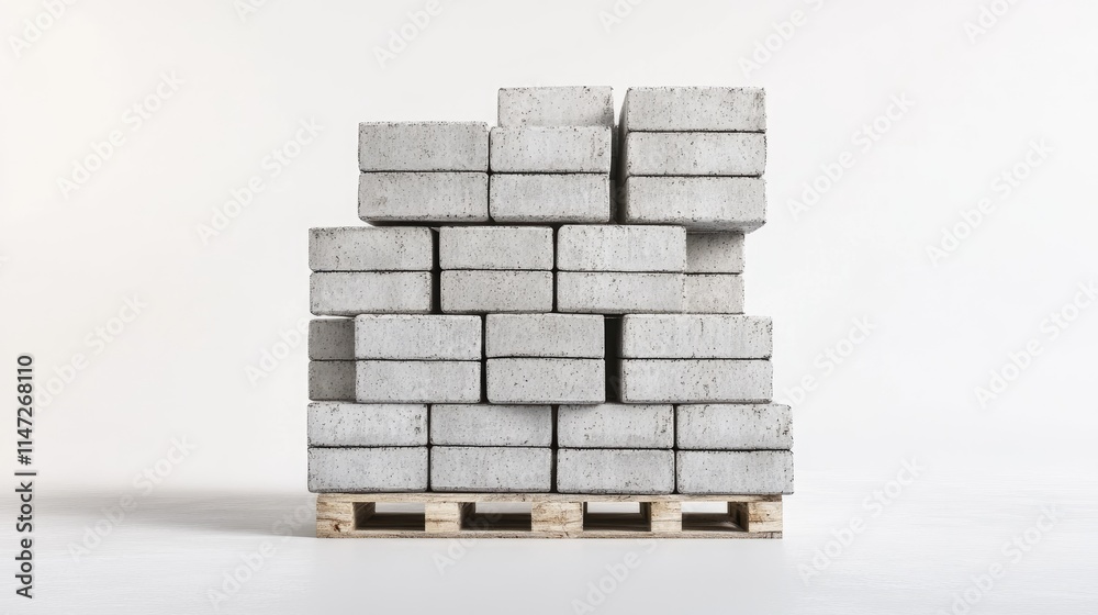 Poster a sturdy pile of cement blocks stacked on a pallet, with sharp focus on the details of the blocks ag