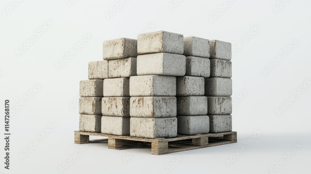 Poster a sturdy pile of cement blocks stacked on a pallet, with sharp focus on the details of the blocks ag