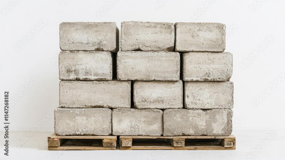 Poster a sturdy pile of cement blocks stacked on a pallet, with sharp focus on the details of the blocks ag