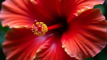 A close-up of a blooming hibiscus with vibrant red petals and dew drops