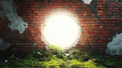 A surreal white hole bursts through a weathered red brick wall, surrounded by green moss, radiating light and creating a striking contrast between decay and light
