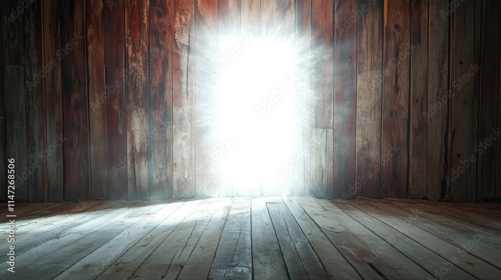 Poster a surreal white void pierces through a rustic wooden plank wall, radiating intense light and creatin