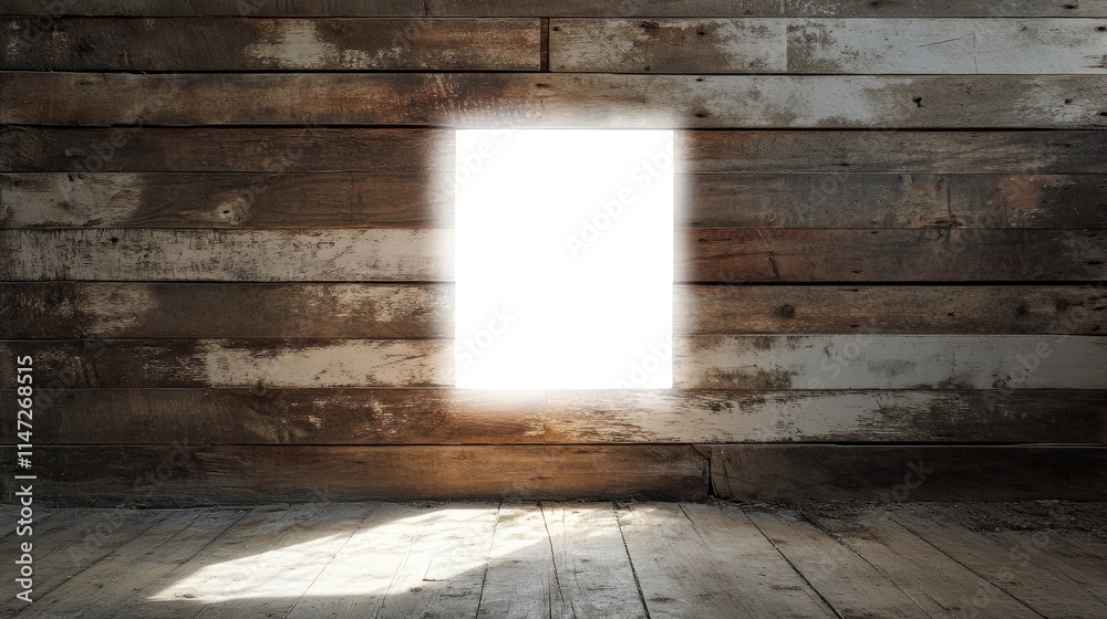 Poster a surreal white void pierces through a rustic wooden plank wall, radiating intense light and creatin