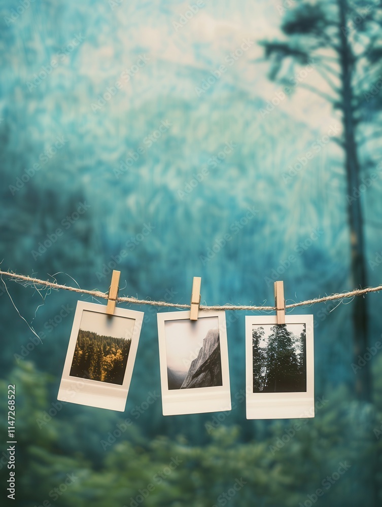 Leinwandbilder Polaroid memories displayed on string with clothespins in a serene forest landscape setting. Generative AI