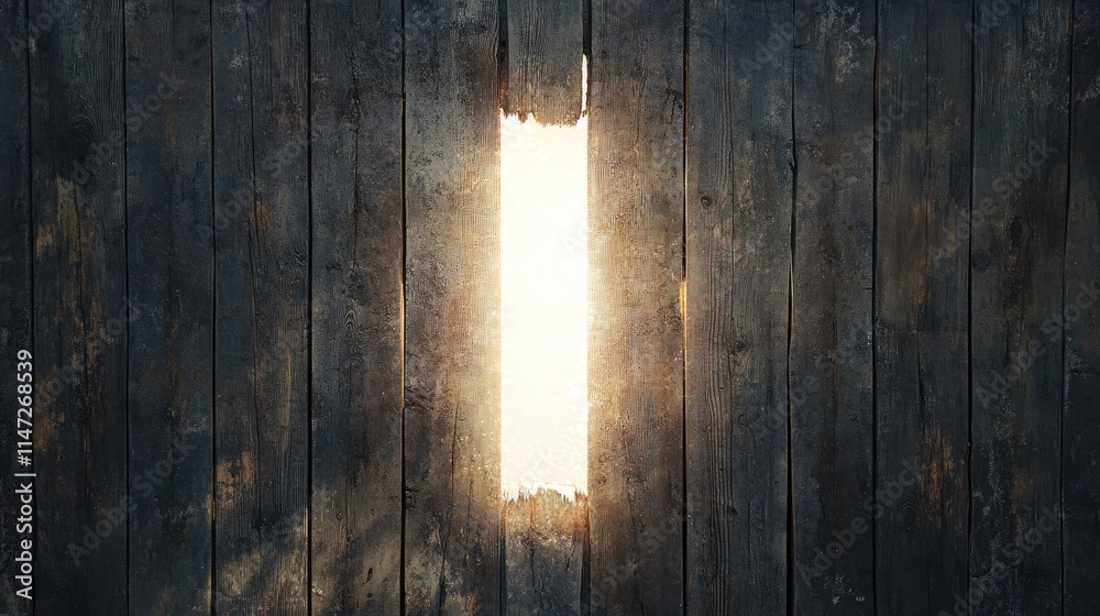 Poster a surreal white void pierces through a rustic wooden plank wall, radiating intense light and creatin